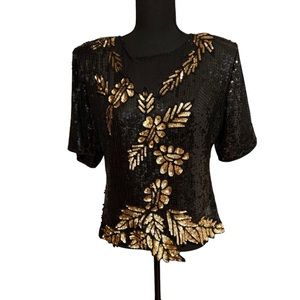 Vintage Stenay Sz L Gold & Black Fully Beaded & Sequin Special Occasion Top